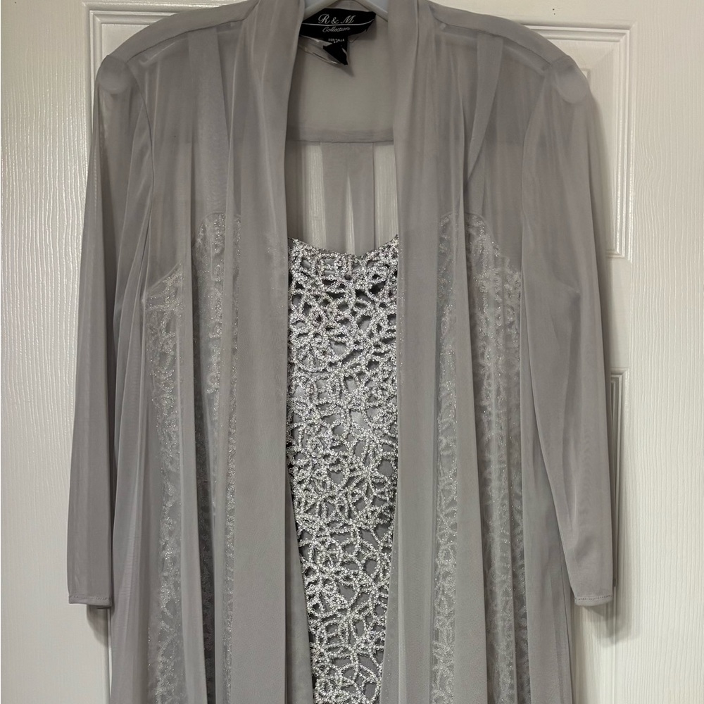 Gray Sheer Chiffon Cardigan with Silver Lace Patterned Dress